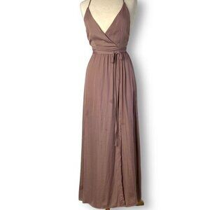 NWT Mustard Seed Mauve Pink Satin Maxi Dress Faux Wrap Open Back Sz S Sleeveless